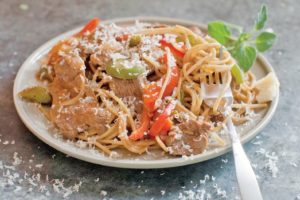 Steak and cheese grinder recast as a pasta dinner