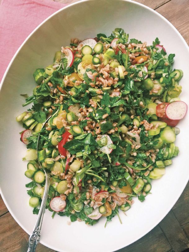 Farro and raw asparagus make a hearty summer salad