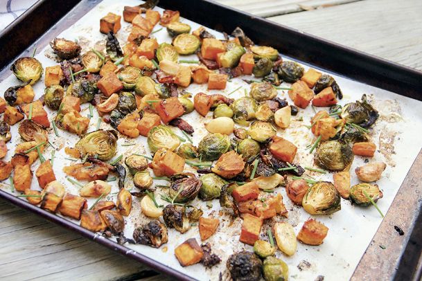 Sweet potato and Brussels sprouts hash gets a bacon blast