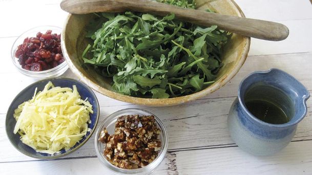 Praline is the standout in this recipe for arugula salad