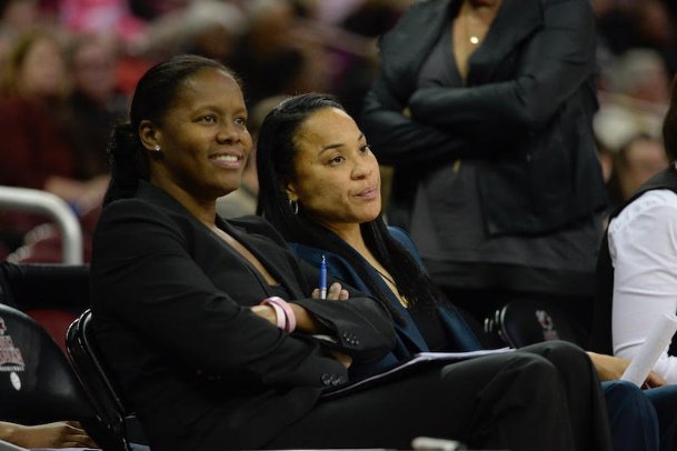 South Carolina coach Dawn Staley and assistant coaches Lisa Boyer