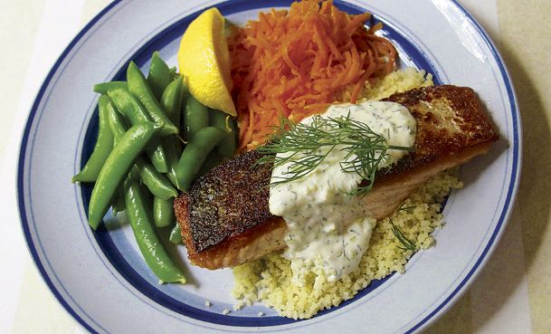 Serve salmon with pepperoncini lemon sauce on Fourth of July