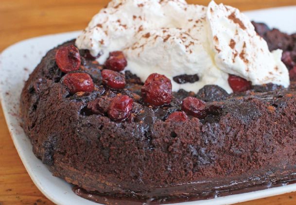 This cake is a delicious love child of brownies and pudding