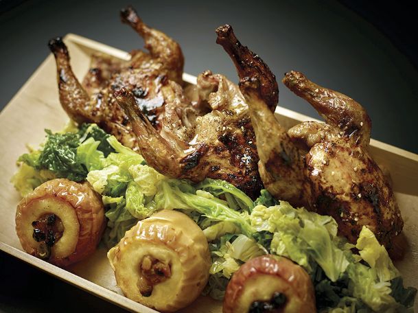 Dig into honey-glazed Cornish hens with cabbage and apples