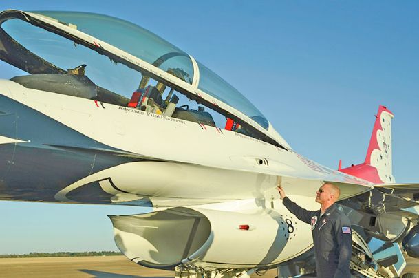 Thunderbird pilot visits CAFB in prep of April show