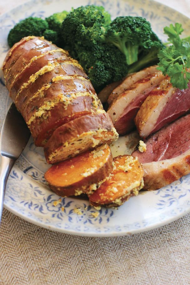 A grill-friendly take on stuffed hasselback sweet potatoes