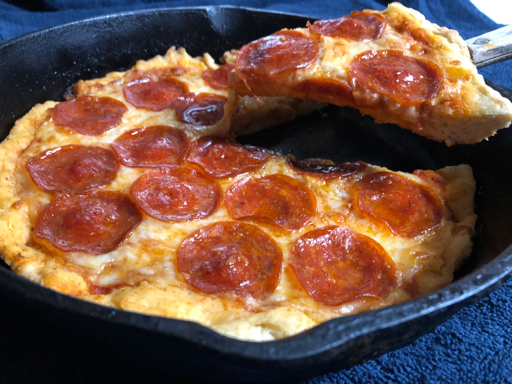 A skillet adds a crispy twist to deep dish pizza